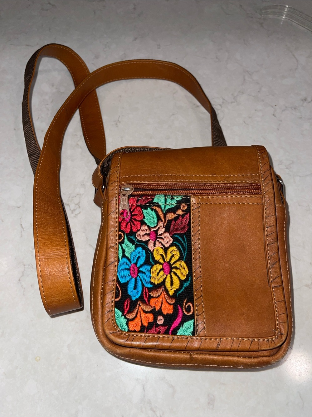 Tan Leather Crossbody with Colorful Floral‎ Embroidery Accent